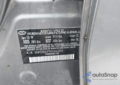 2019 Hyundai Elantra Sel z USA, uszkodzony, nr VIN 5NPD84LF9KH464556